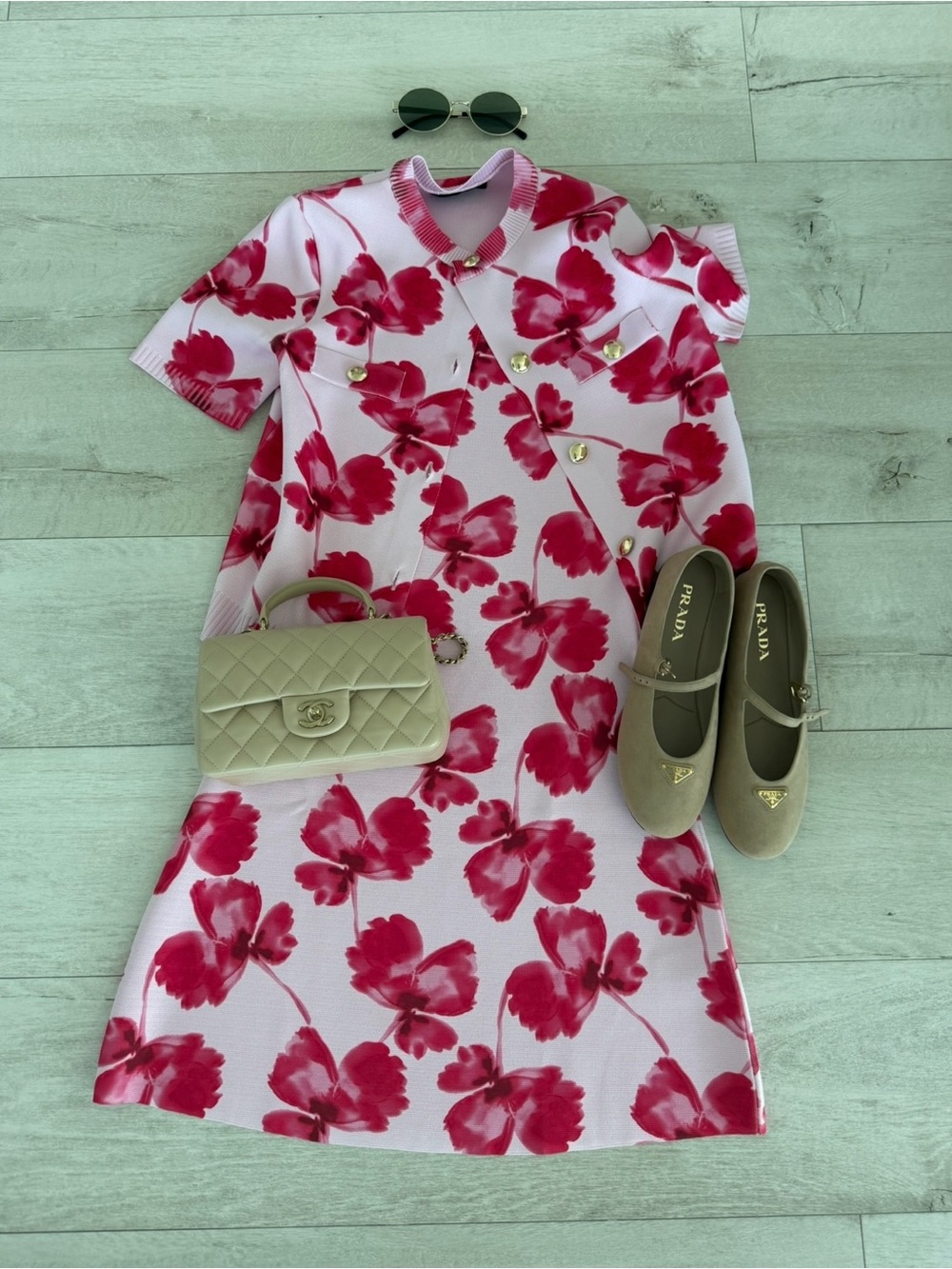 Floral Sleeveless Pink Mini Dress with Red Bloom Print